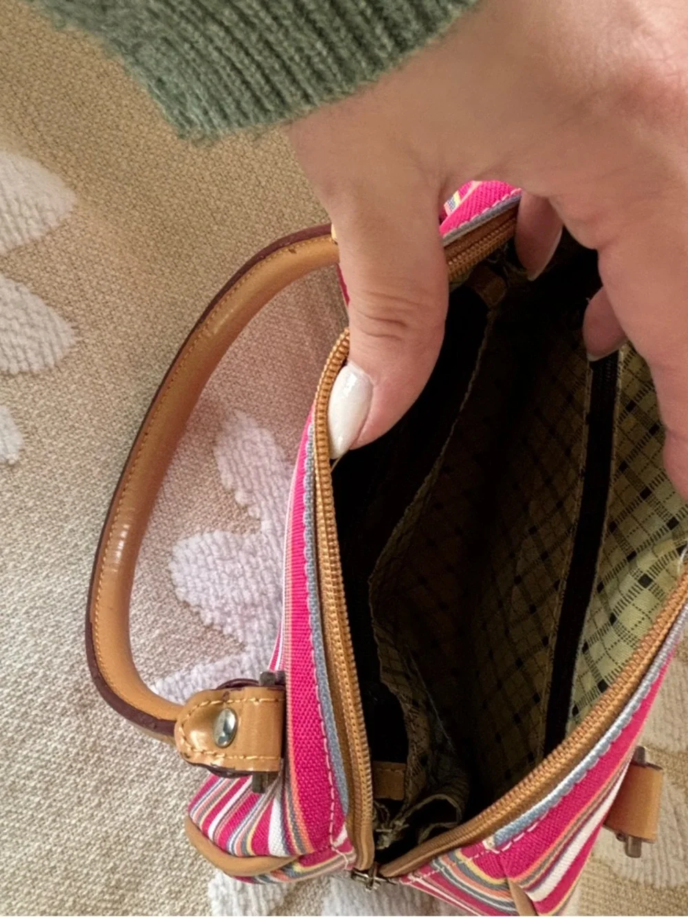 Striped Pink Multi-Color Canvas Satchel with Tan Handles - Picture 12 of 12